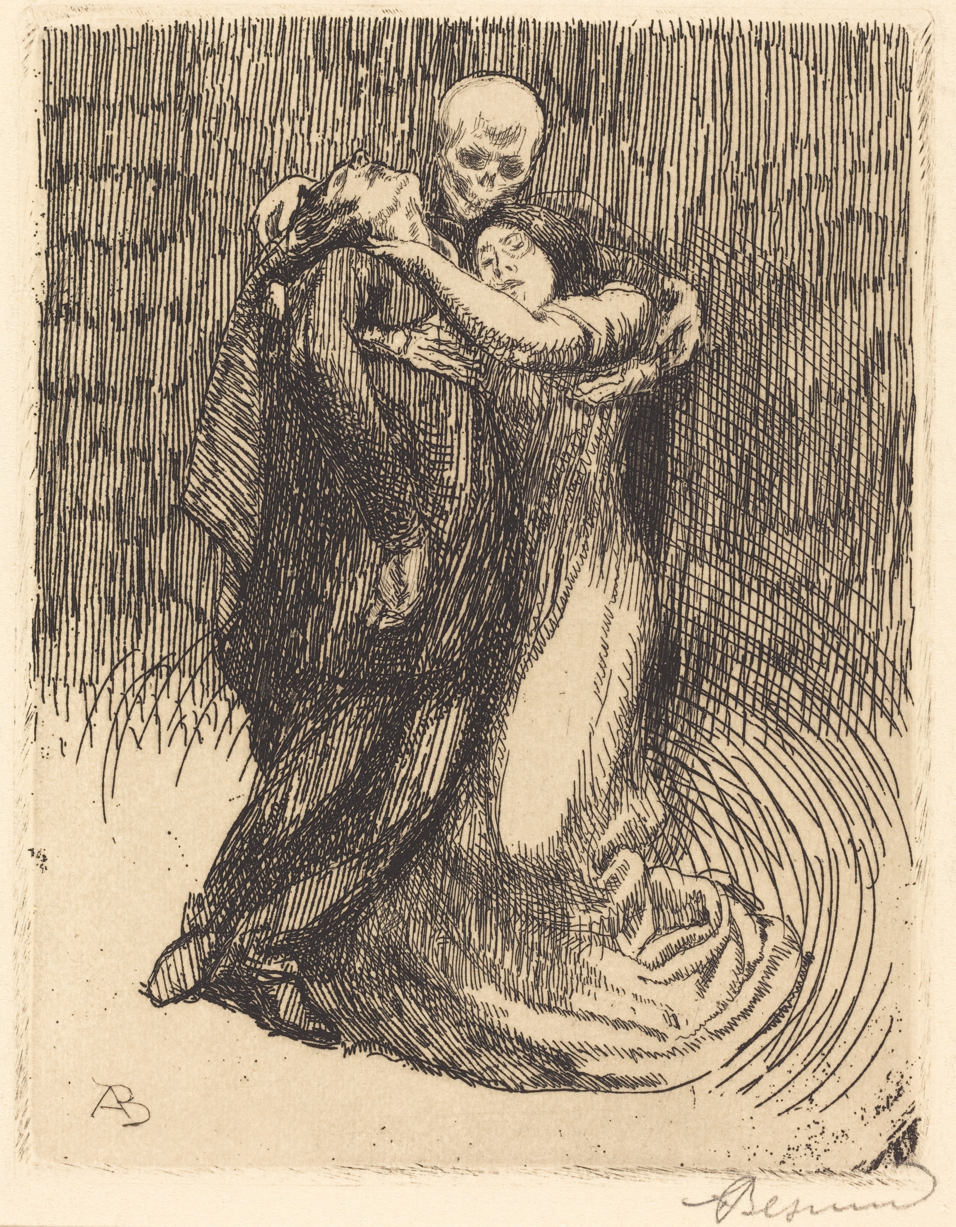 A pencil sketch of a woman in white clinging onto her unconcious lover. A physical representation of Death himself lingers in the background and embraces them both.
