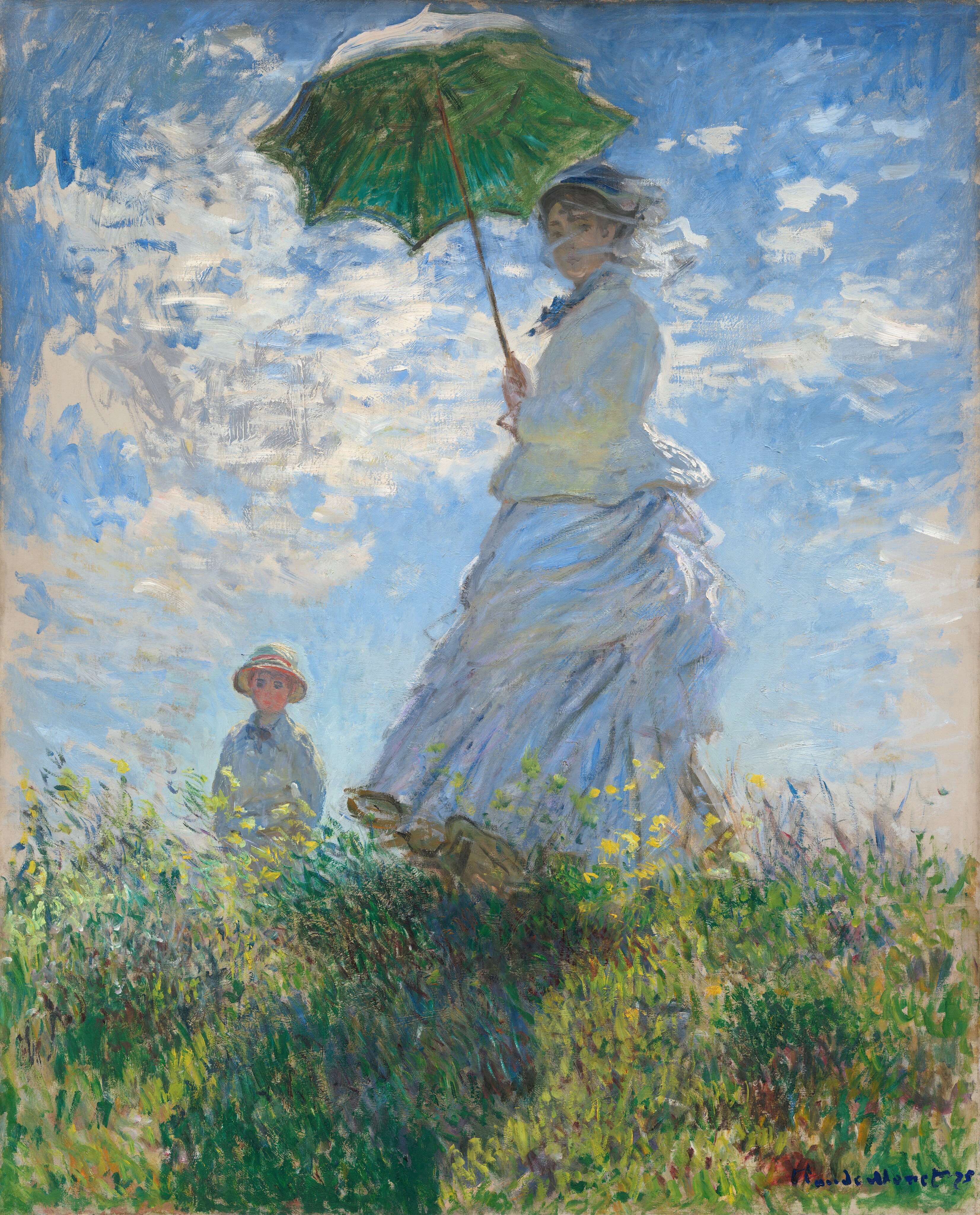 Monet painting of a woman in a white dress holding a green umbrella. Her son is also wearing white and is standing some ways away in the background.